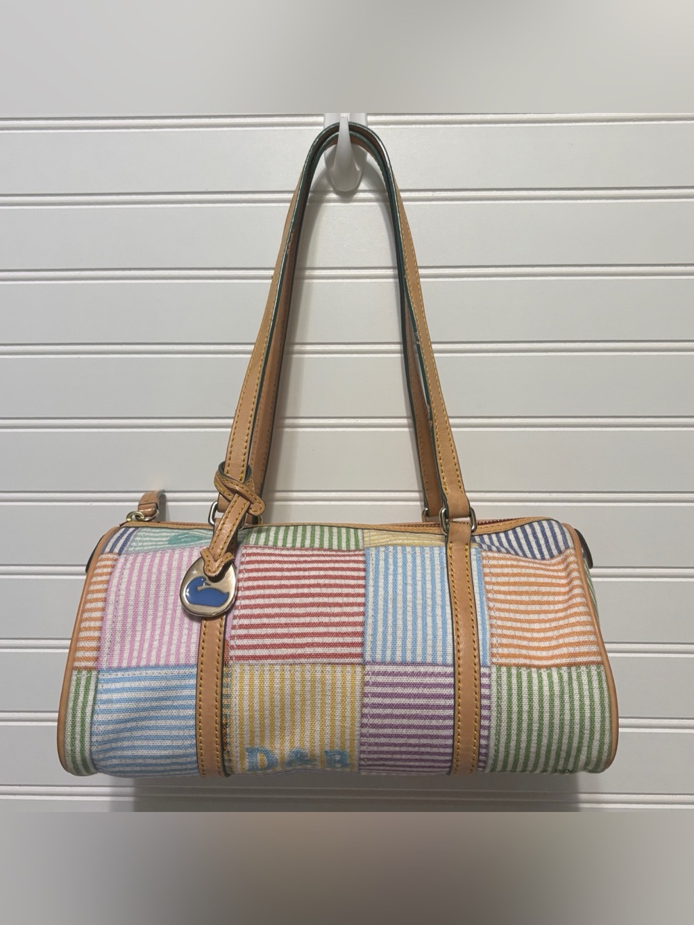 DOONEY & BOURKE Vintage Y2K Seersucker Stripe Patchwork Barrel Shoulder Bag Tote